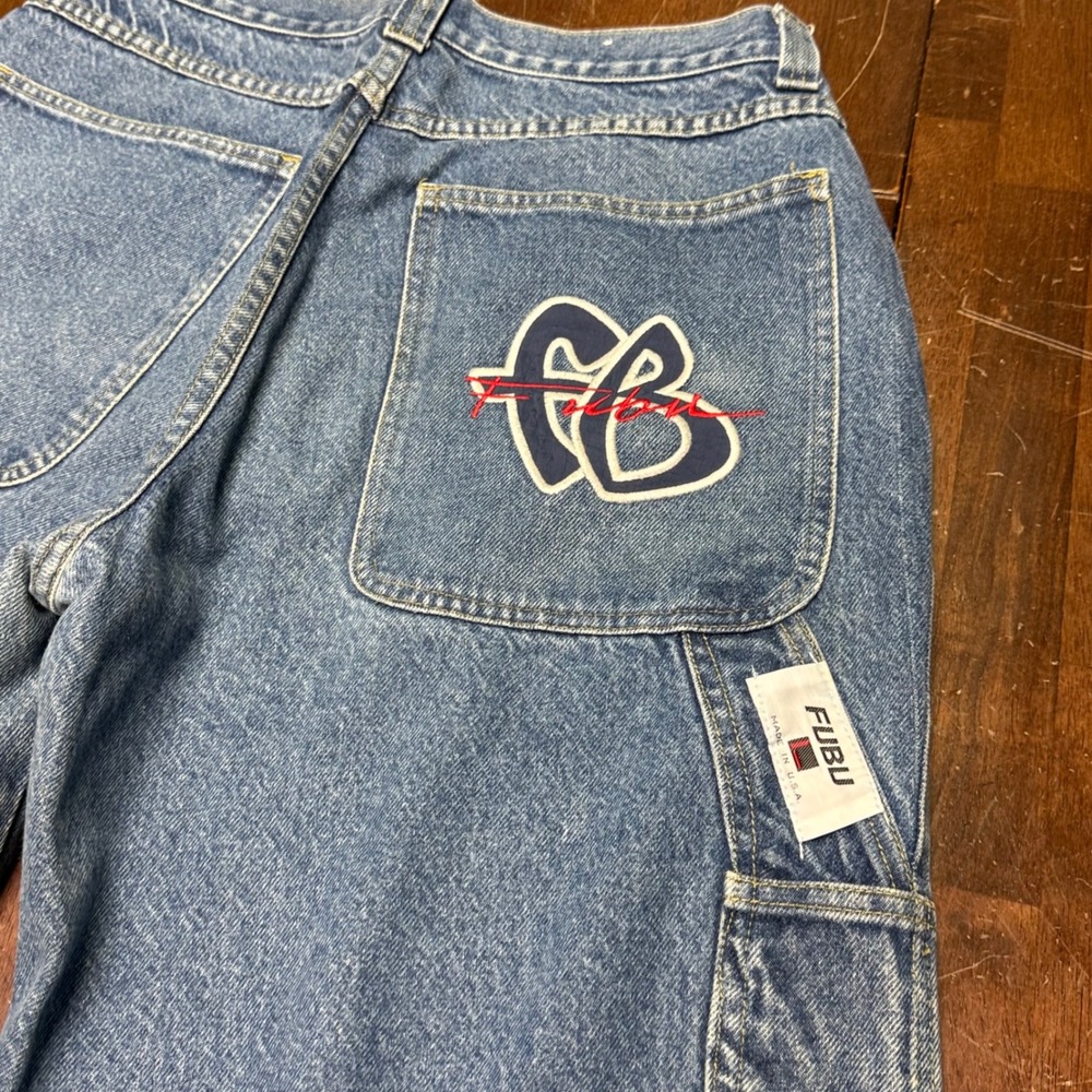 FUBU Carpenter Jeans Mens Size 34 Blue Denim Baggy Embroidered Logo Vintage 90s